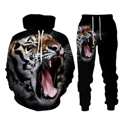 Ensemble de survêtement imprimé tigre animal 3D pour hommes, sweat à capuche et pantalon décontractés, streetwear à la mode, vêtements trempés, automne, hiver, 2 pièces