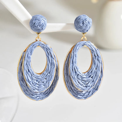 Boho tendance fait à la main Double couche ovale en raphia boucles d'oreilles pour les femmes élégant rotin tricot boucles d'oreilles bijoux d'été cadeaux