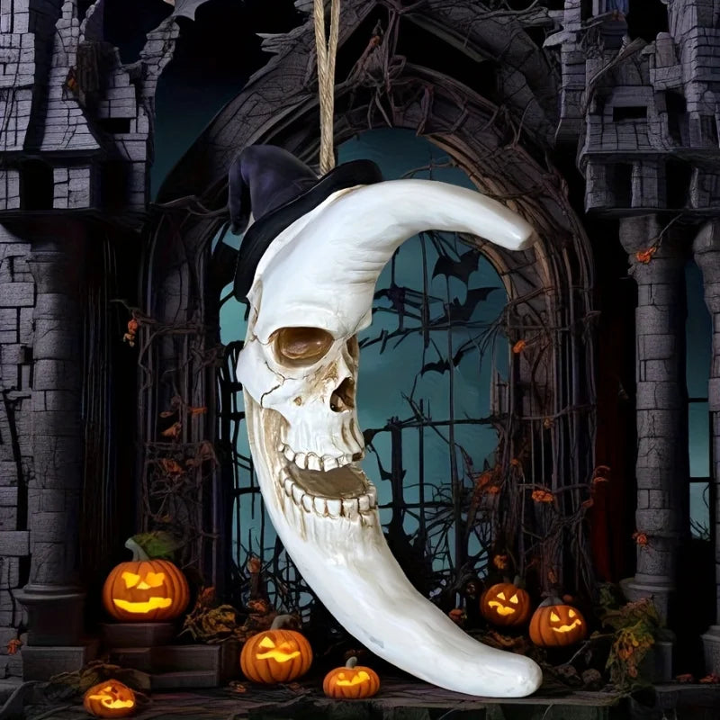 Crâne d'Halloween avec chapeau de sorcière et lune, figurines de collection suspendues en résine, art mural mignon et effrayant pour les fêtes d'horreur/maison hantée
