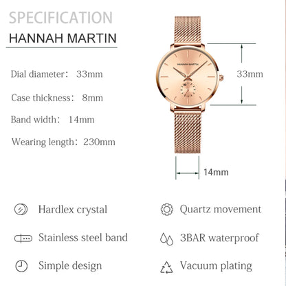 HANNAH MARTIN Top marque femmes montre 1335 synchronisation sous-cadran en acier inoxydable maille mouvement à Quartz or Rose 33mm