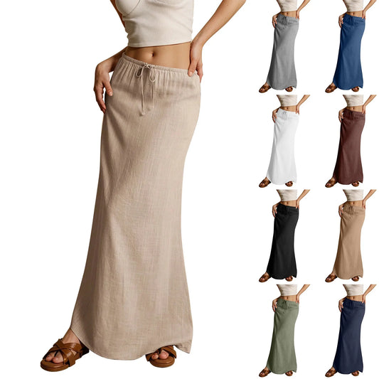 Jupe longue d'été pour femmes, cordon de serrage, taille basse, ligne A, jupe décontractée, taille haute élastique, moulante, longue, jupes pour femmes