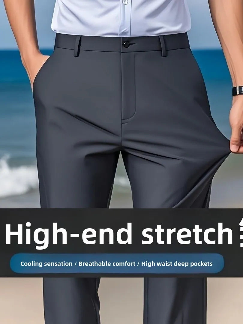 Pantalon pour hommes en soie glacée lisse et soyeuse, Ultra-fin, drapé à haute élasticité, décontracté, ample, jambe droite, Long, pour l'été, tenue de bureau