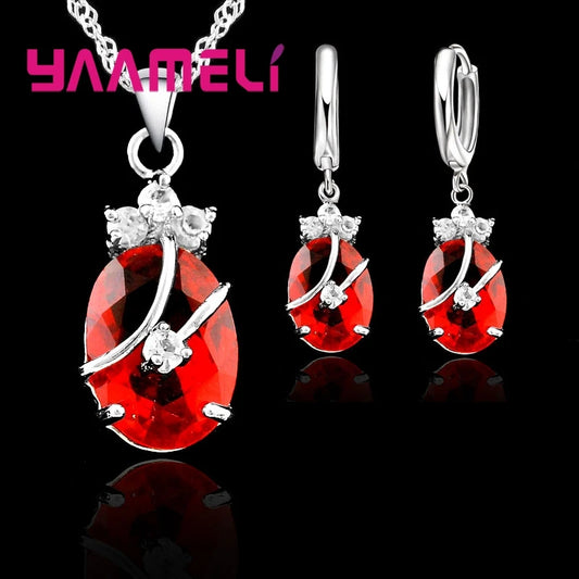 Ensembles de bijoux vintage pour femmes, argent regardé 925, pendentif en pierre de cristal, breloques, collier de mariage, boucles d'oreilles créoles, nouvelle mode