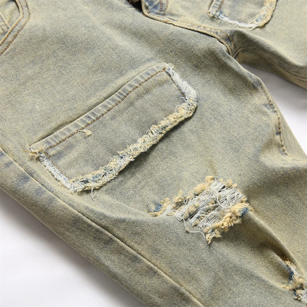 Style rétro trous hommes maigre Biker jean pantalon mode rue Hiphop mâle mince Stretch Jogging Denim pantalon