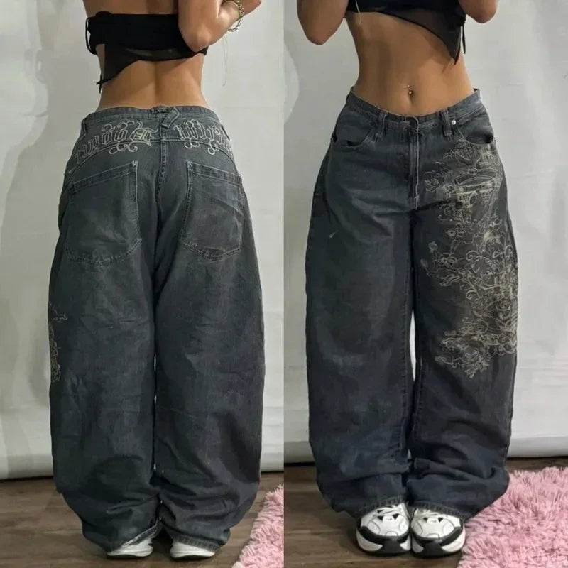 Baggy jean femmes américain Streetwear à la mode lavé Denim pantalon rétro Hip Hop haute rue cloche-bas