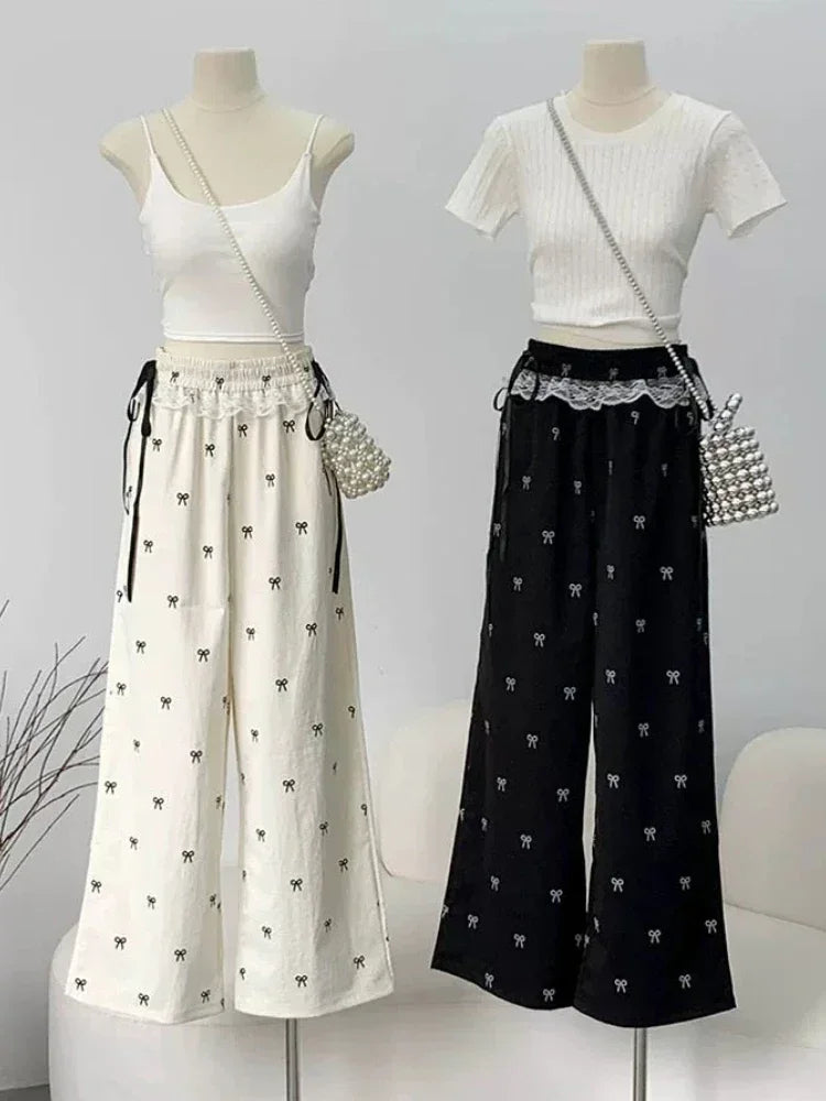 Viser décontractés pour femmes, Baggy Sweet Bow Design, Taille élastique, Esthétique Ulzzang, Jogging polyvalent, viser à jambes larges, Mode