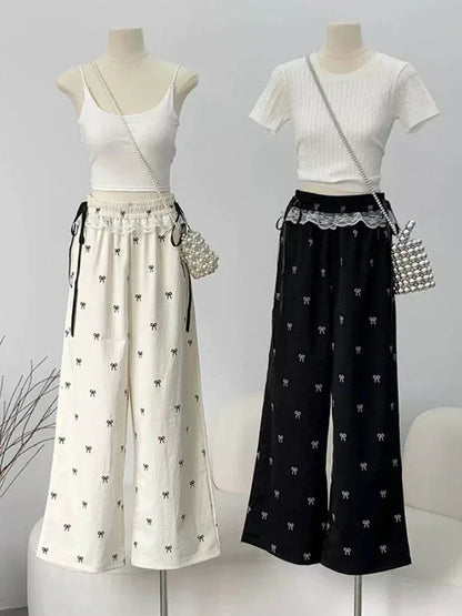 Viser décontractés pour femmes, Baggy Sweet Bow Design, Taille élastique, Esthétique Ulzzang, Jogging polyvalent, viser à jambes larges, Mode