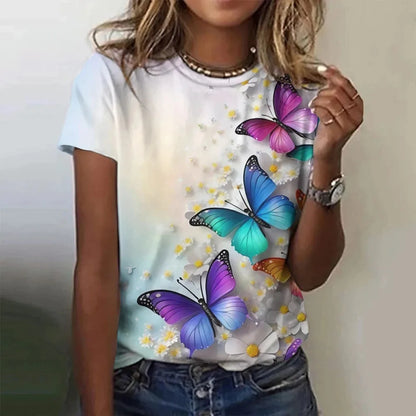 T-shirt manches courtes col rond femme, estival et surdimensionné, avec motif Floral et fleur papillon imprimé en 3D, Y2k, Harajuku, vêtements féminins, nouvelle collection