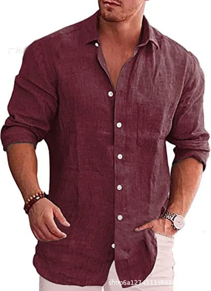 Chemise ample grande taille pour hommes, couleur unie, col en lin, manches longues, chemise décontractée