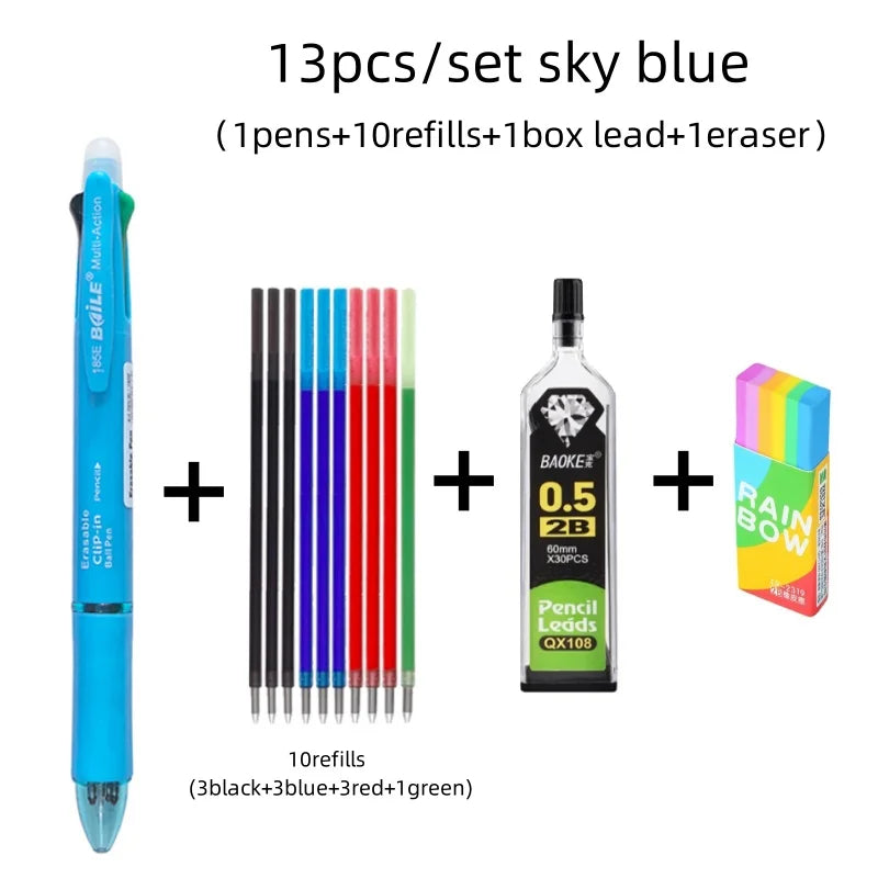 Stylo à bille multicolore effaçable 5 en 1, recharge 4 couleurs de 0.7mm et crayon automatique de 0.5mm,