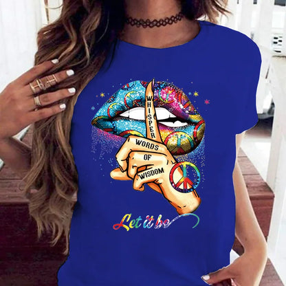 100% coton ample col rond bouche créative à manches courtes T-shirt femme surdimensionné T-shirt hauts vêtements esthétiques