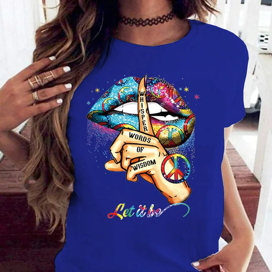 100% coton ample col rond bouche créative à manches courtes T-shirt femme surdimensionné T-shirt hauts vêtements esthétiques