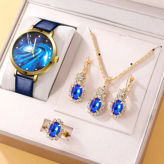 Montre à cadran ciel étoilé pour femme, design de marque, horloge, bracelet en cuir bleu, ensemble de 5 pièces