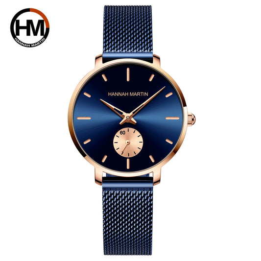 HANNAH MARTIN Top marque femmes montre 1335 synchronisation sous-cadran en acier inoxydable maille mouvement à Quartz or Rose 33mm