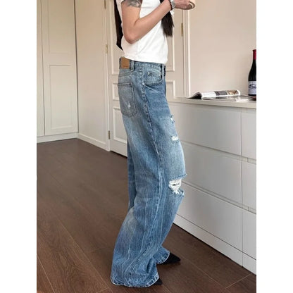 Jean bleu taille haute à trous multiples pour femmes, pantalon à jambes larges, pantalon américain Cool Girl, bas décontracté, survêtement féminin