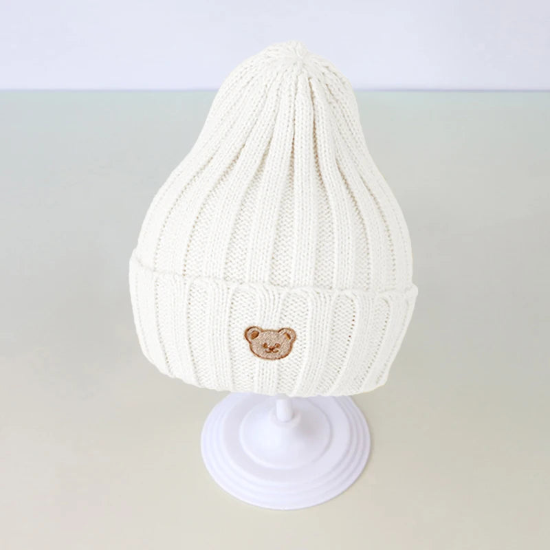 Chapeau de bébé brodé d'ours de dessin animé coréen, doux et chaud pour enfants garçons et filles, Bonnet d'hiver tricoté pour enfants