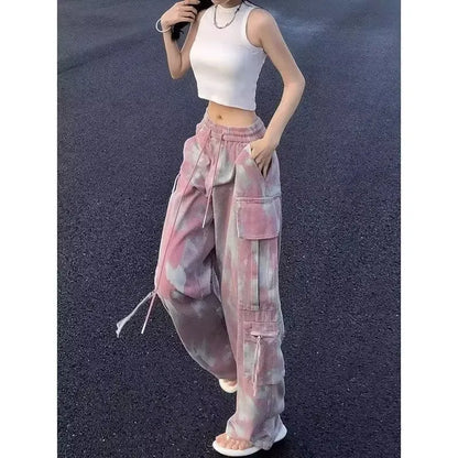 Pantalon cargo camouflage rose pour femme, jambe large, surintendant en denim Y2K, FjStreetwear, Hip Hop, femme, style safari décontracté