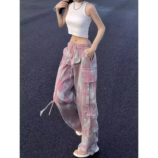 Pantalon cargo camouflage rose pour femme, jambe large, surintendant en denim Y2K, FjStreetwear, Hip Hop, femme, style safari décontracté