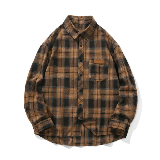Chemise à carreaux vintage pour hommes, surchemise à manches longues, vêtements d'extérieur respirants, chemisier décontracté pour hommes, poche unique, boutons