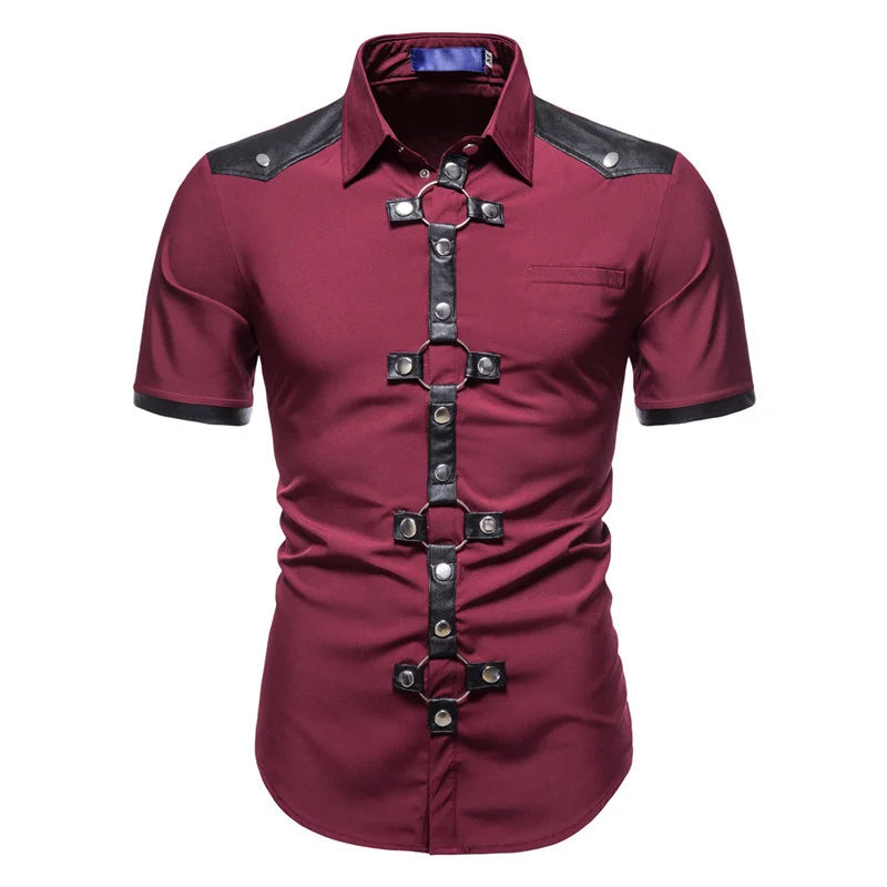 Chemise à Manches Courtes pour Homme, Streetwear, Style Gothique, Slim, Punk, Rivet, Haute Qualité, Printemps Été, Noir, Rouge, #4719