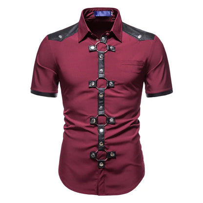 Chemise à Manches Courtes pour Homme, Streetwear, Style Gothique, Slim, Punk, Rivet, Haute Qualité, Printemps Été, Noir, Rouge, #4719