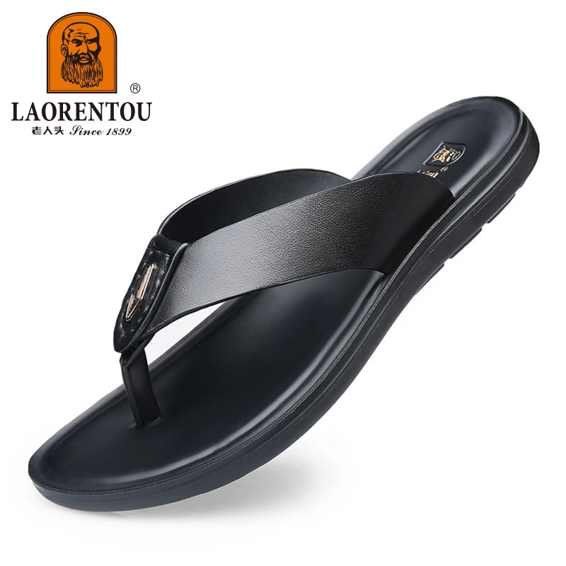 LAORENTOU-Pantoufles en cuir véritable pour hommes, tongs à clipser, sandales pour hommes, semelle souple en cuir de cercle, anti-ald, version coréenne