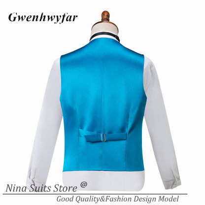 G & N-Smokings de soirée pour homme, ensemble 3 pièces, blazer sur mesure, revers Patricia, un bouton, bleu lac, brume dorée, zones florales, luxe, 2025