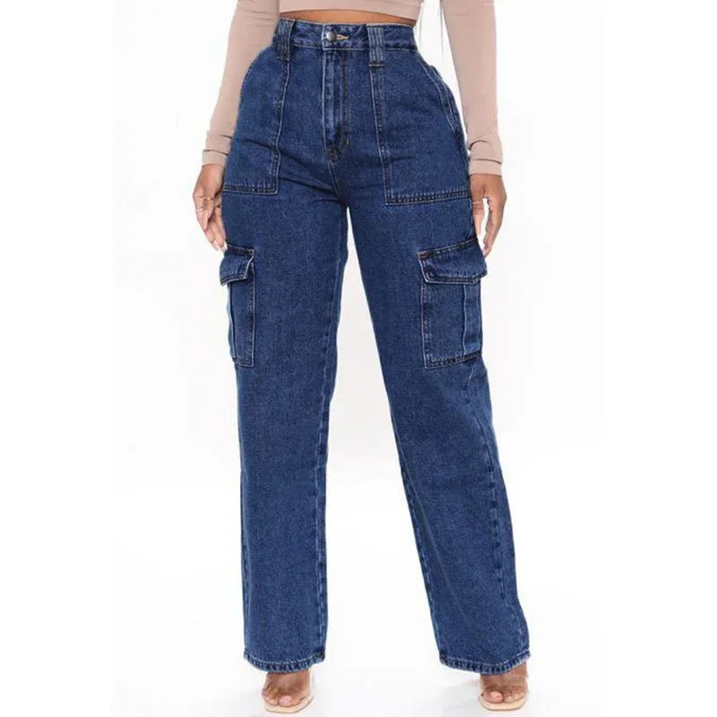 Jean Cargo Américain Taille Haute pour Femme, Pantalon Droit Croisé, Mode Fille, Bleu Clair, Bleu Foncé, Noir, Gris, Denim Fjj