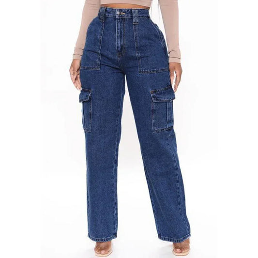 Jean Cargo Américain Taille Haute pour Femme, Pantalon Droit Croisé, Mode Fille, Bleu Clair, Bleu Foncé, Noir, Gris, Denim Fjj