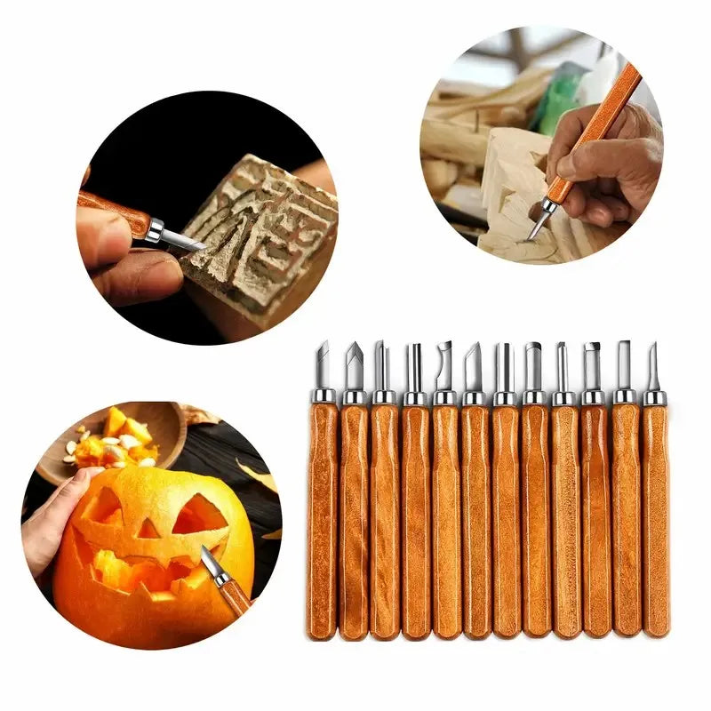 Ensemble d'outils de sculpture sur bois, couteau d'art multifonctionnel fait à la main avec manche en bois pour l'artisanat, 10/12 pièces