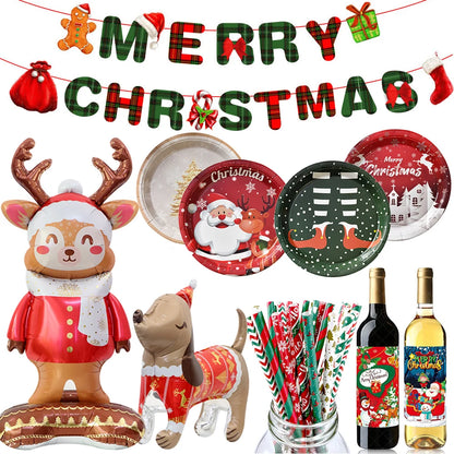 Fournitures de noël, bannière joyeux noël, ballon, bouteille de vin, autocollants, assiettes en papier jetables, pailles, décorations de fête de noël
