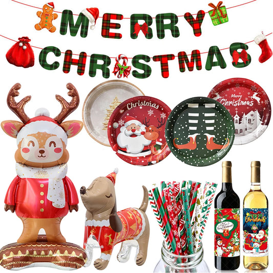 Fournitures de noël, bannière joyeux noël, ballon, bouteille de vin, autocollants, assiettes en papier jetables, pailles, décorations de fête de noël
