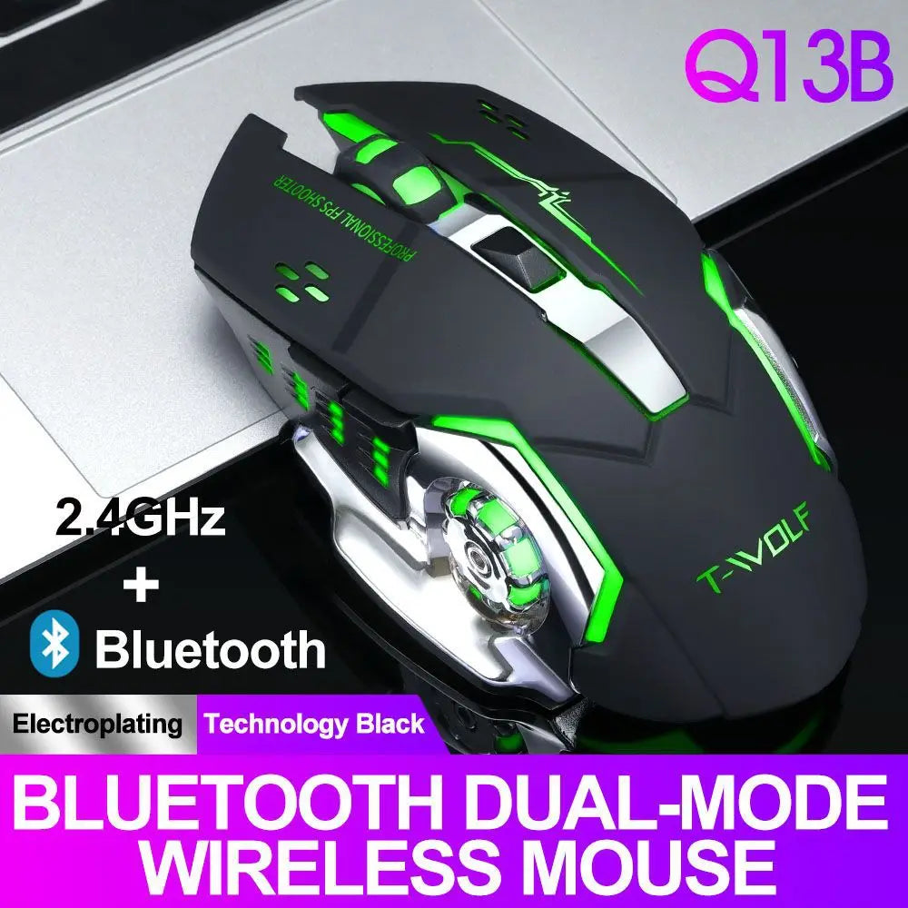 Souris de jeu sans fil 6 touches Rétroéclairage RVB Souris de jeu Bluetooth 2.4G Connexion USB Double mode Batterie rechargeable 3 niveaux DPI T-WOLF Q13 Clic silencieux Conception ergonomique