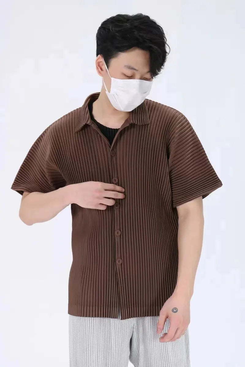 Chemise Plissée à Manches Courtes pour Homme, Cardigan Décontracté, Section Fine, Printemps Été 2024