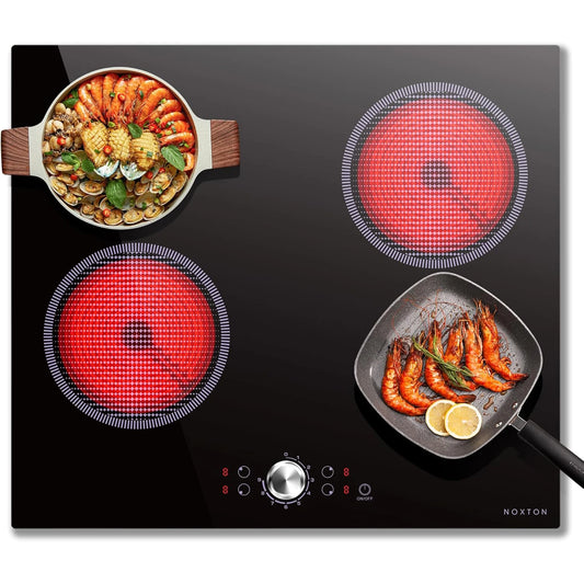 NOXTON Plaque VItrocéramique 4 Feux avec Commande à Bouton Unique, Plaque de Cuisson Electrique 4 Feux Encastrable, Table de Cuisson Vitrocéramique, 220-240V, 6000W, sans Prise