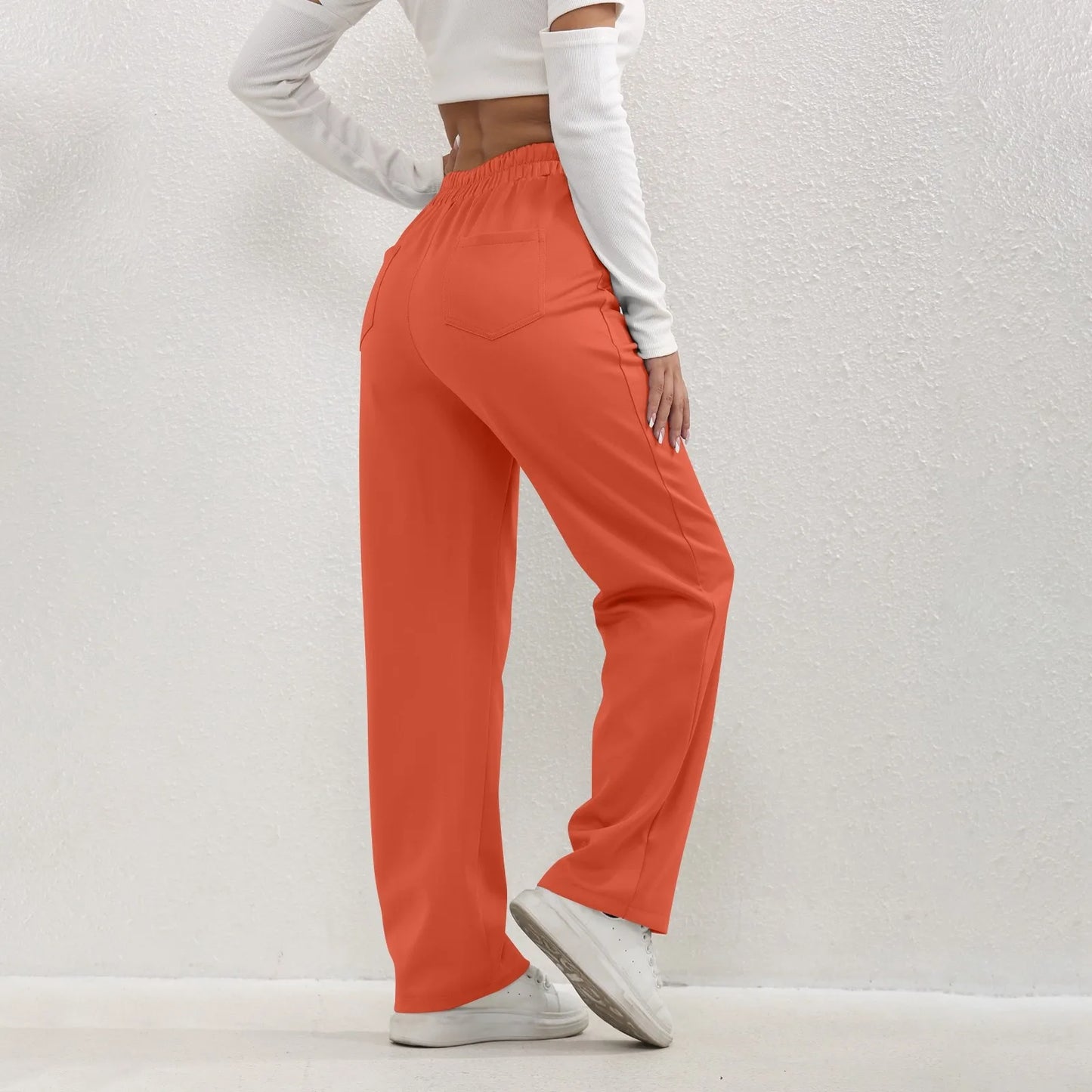Pantalon à jambes droites pour femmes, classique, Simple, solide, taille haute, mode, poches à boutons, taille élastique, décontracté, nouvelle collection