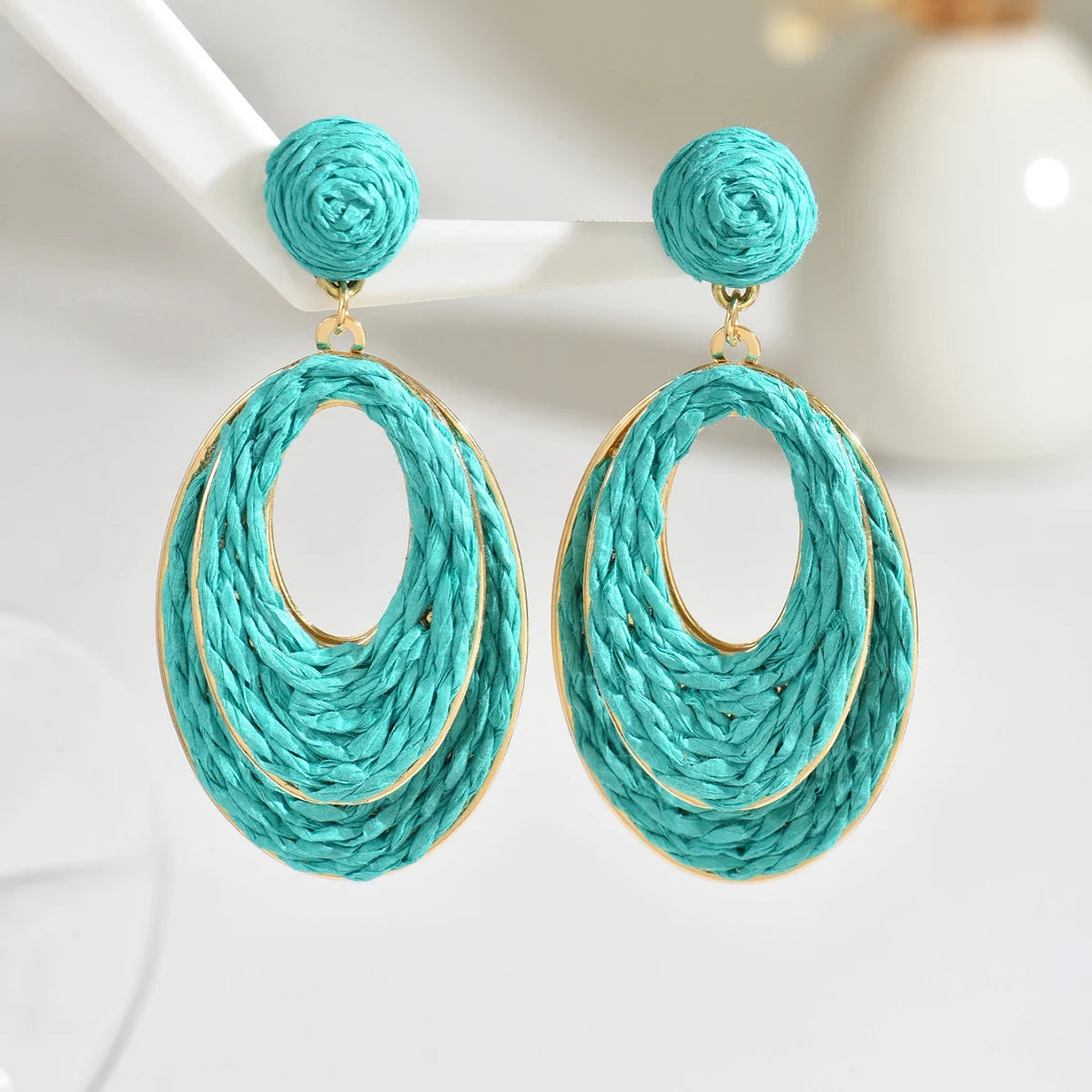 Boho tendance fait à la main Double couche ovale en raphia boucles d'oreilles pour les femmes élégant rotin tricot boucles d'oreilles bijoux d'été cadeaux