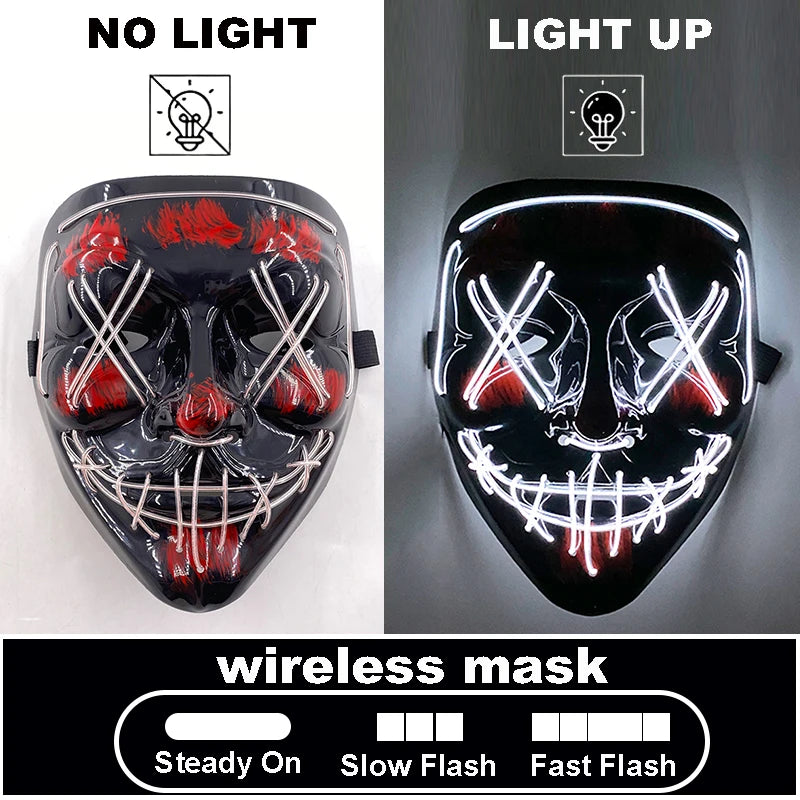 Masque d'horreur lettre V d'halloween et gants colorés, masque lumineux effrayant sans fil pour hommes et femmes, fournitures de costumes de fête de Festival