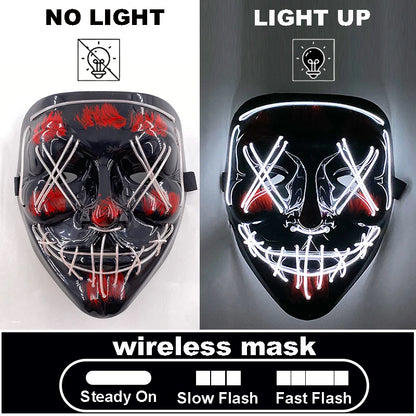 Masque d'horreur lettre V d'halloween et gants colorés, masque lumineux effrayant sans fil pour hommes et femmes, fournitures de costumes de fête de Festival