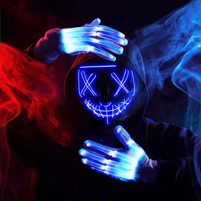 Masque d'horreur lettre V d'halloween et gants colorés, masque lumineux effrayant sans fil pour hommes et femmes, fournitures de costumes de fête de Festival