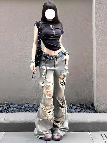 Jean déchiré délavé pour femmes, grande taille, gros mm, rétro américain, Spice Girl, pantalon ample à jambes larges, nouvelle collection été