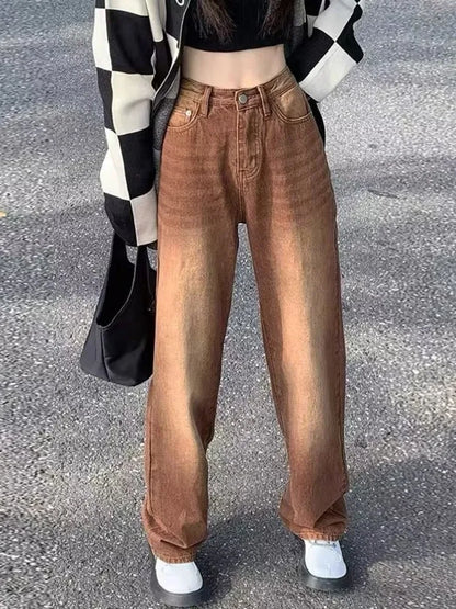Feynzz – jean marron rétro européen et américain pour femme, pantalon taille haute, jambe droite, ample et fin, jambes larges, printemps et automne