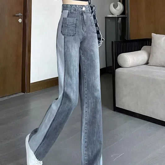 Jean Gris avec Poches pour Femme, Pantalon Taille Haute, Jambes Droites, FjStreetwear des Années 90, Chic et Élégant, Bon Marché