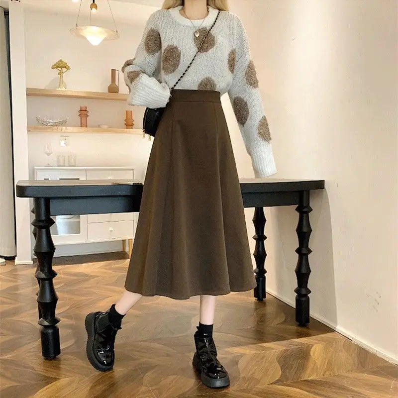 Jupes mi-longues taille haute pour femmes, All-Match A-Line, Élégant, Bureau, Lady Leisure, Automne, Hiver, Simple, Mode basique, Nouveau, Ins Faldas