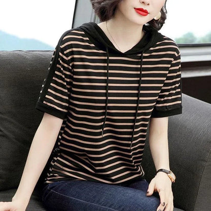 T-shirt surdimensionné à capuche à rayures pour femmes, robe spéciale, haut d'été, t-shirt à manches, vêtements pour femmes