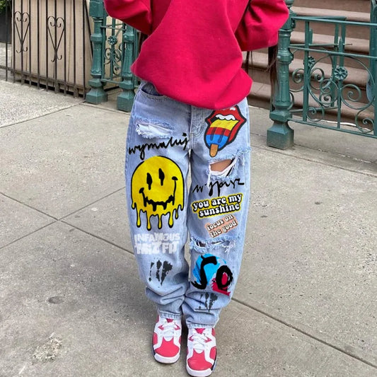 Jean Denim Imprimé Coeur pour Femme, Denim Découpé, Vêtements Danemark die, Streetwear, Taille Haute, Pantalon Baggy, Bleu, Y2k, Harajuku, Mode