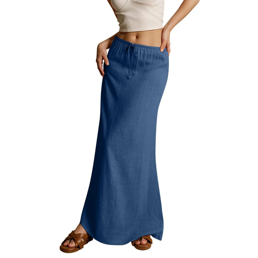 Jupe longue d'été pour femmes, cordon de serrage, taille basse, ligne A, jupe décontractée, taille haute élastique, moulante, longue, jupes pour femmes
