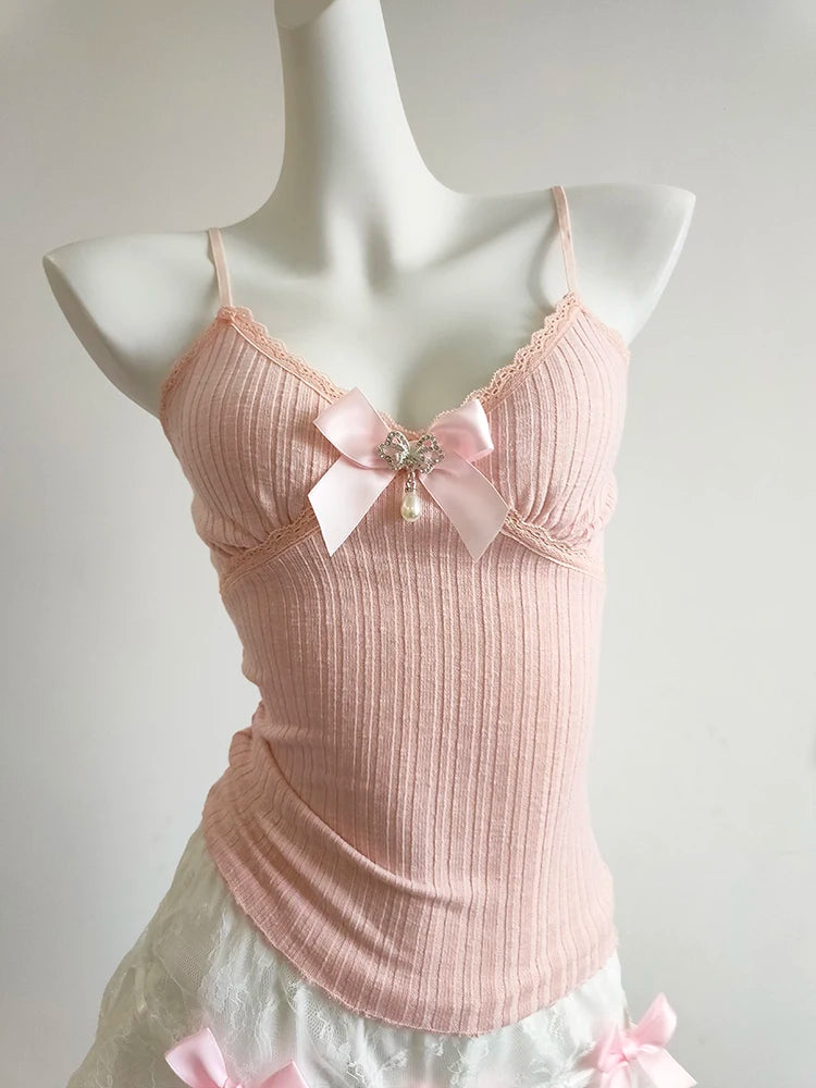 Camis mignon solide haut court femmes été nœud extensible hauts courts pour filles douces Kawaii vêtements