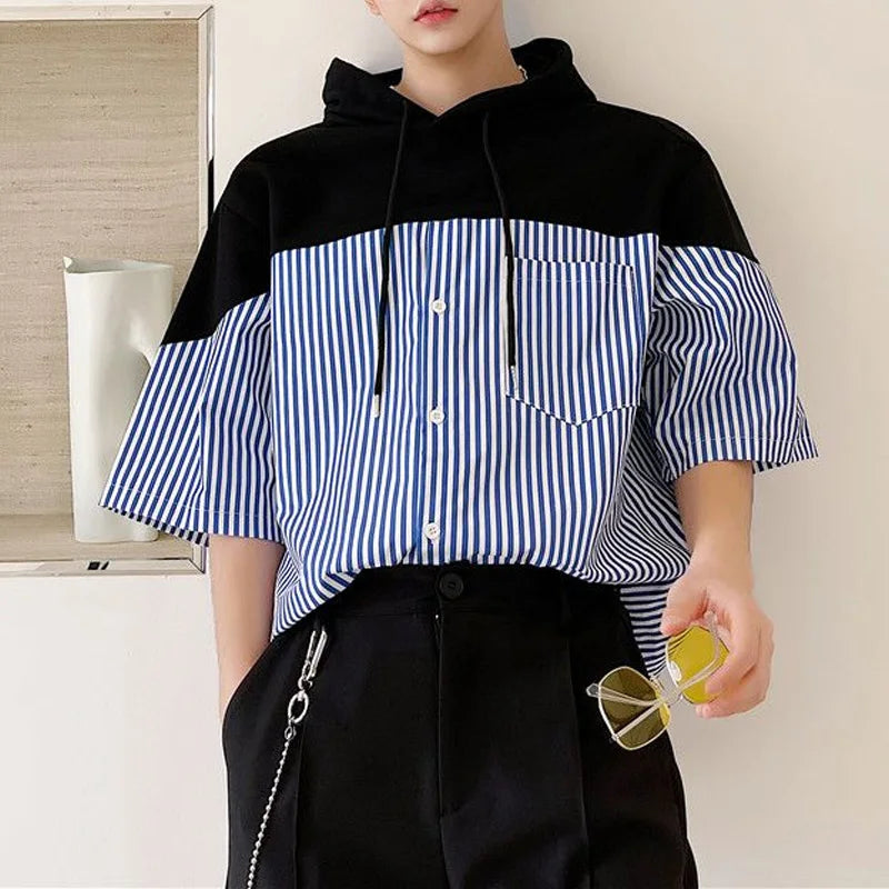 Chemise à capuche rayée à manches courtes, haut de gamme, design personnalisé, décontracté, imprimé, respirant, nouveau, été, 2024