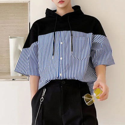 Chemise à capuche rayée à manches courtes, haut de gamme, design personnalisé, décontracté, imprimé, respirant, nouveau, été, 2024